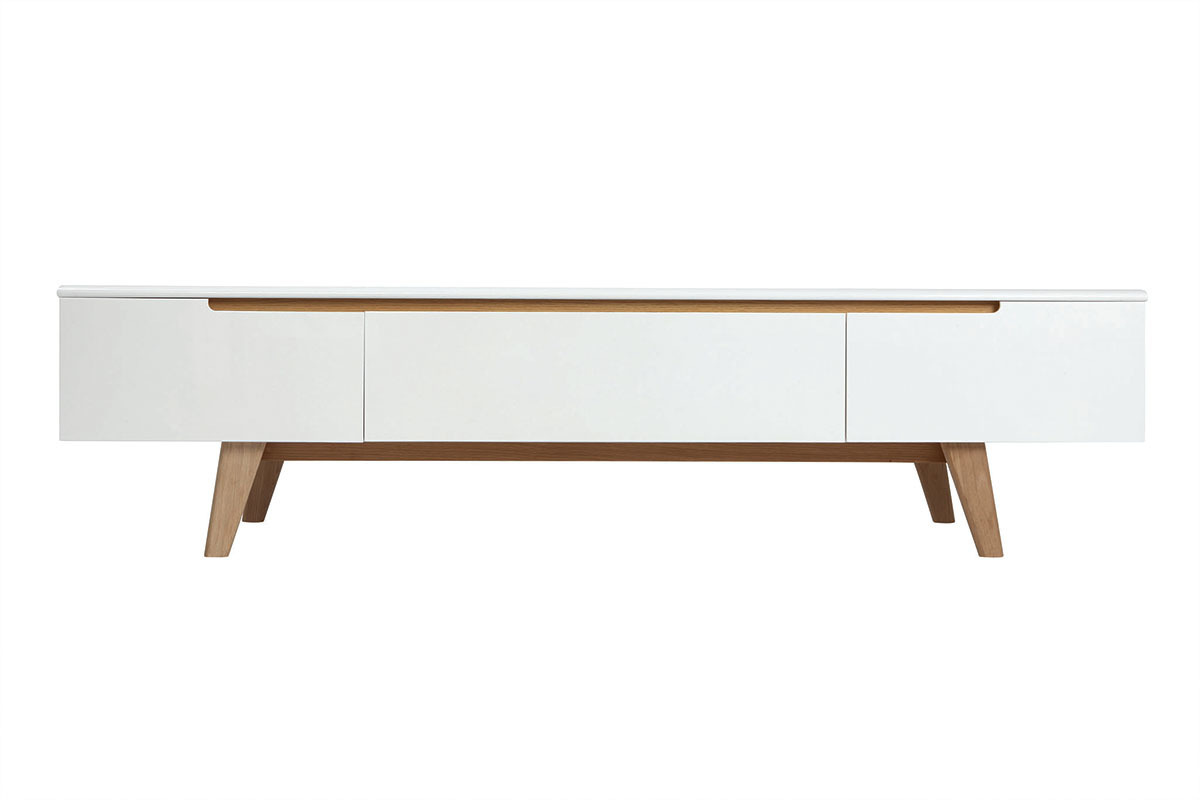 Meuble TV scandinave blanc laqu� brillant et bois L180 cm MELKA