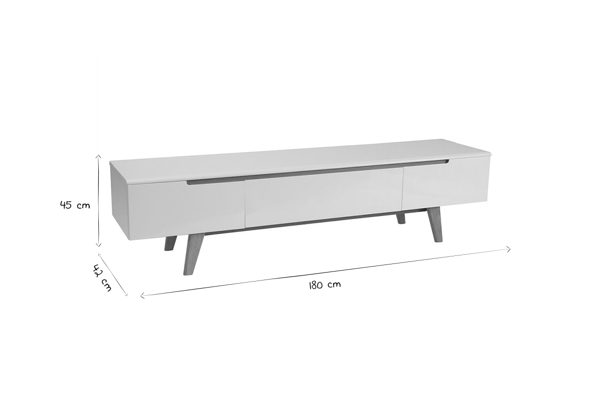 Meuble TV scandinave blanc laqu� brillant et bois L180 cm MELKA