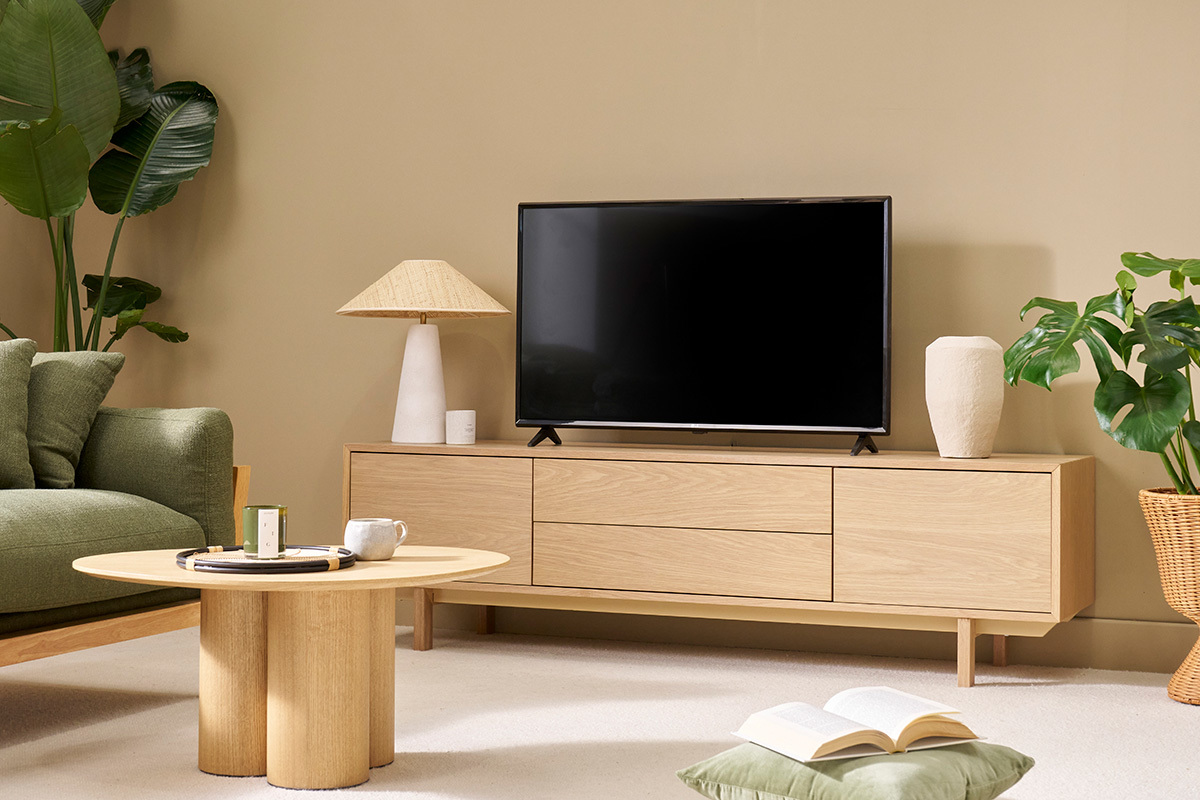 Meuble TV scandinave bois clair ch�ne 2 portes 2 tiroirs L180cm SID