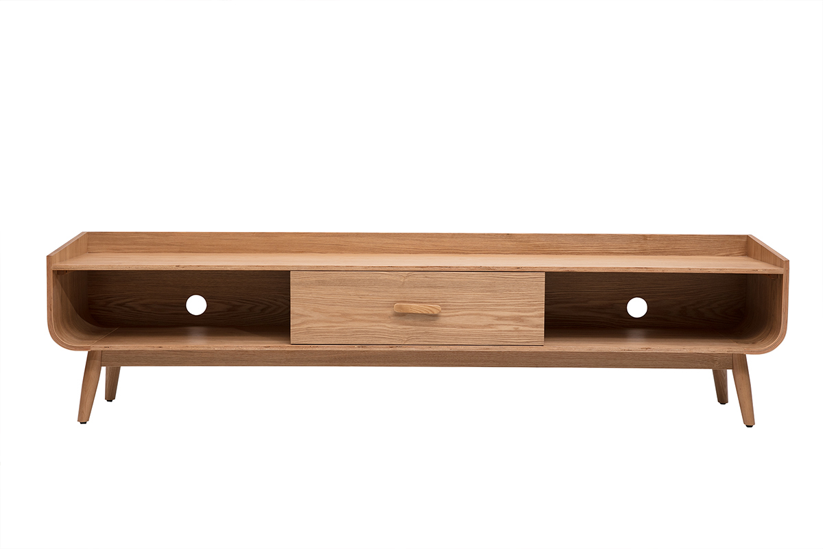 Meuble TV scandinave en bois clair fr�ne, vue de face, avec tiroir et niches ouvertes.