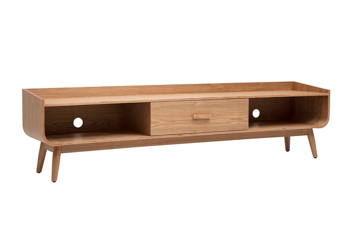 Meuble TV scandinave en bois clair, vue de 3/4, avec tiroir central et niches ouvertes.