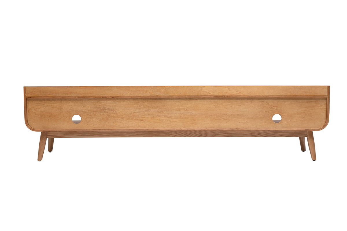 Meuble TV scandinave bois clair fr�ne L200 cm, vue de dos, avec tiroir et niches ouvertes.