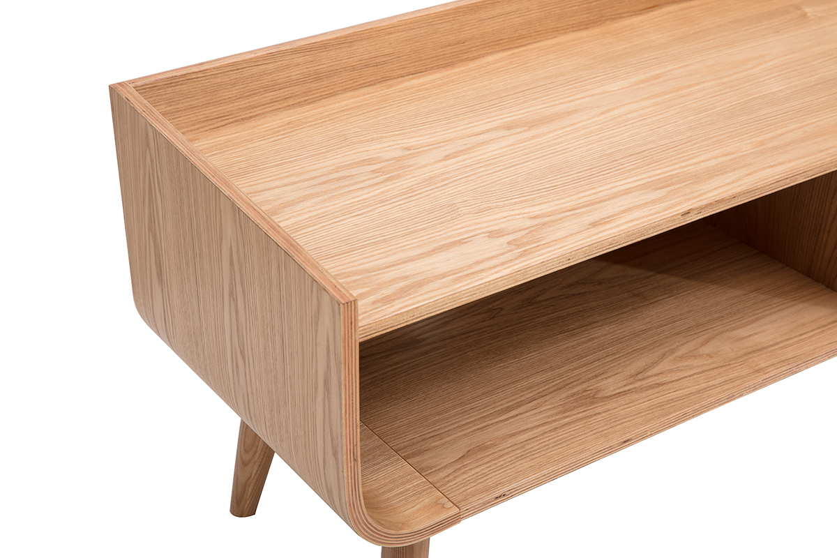 Meuble TV scandinave HALLEN en bois clair, vue de dessus avec niches ouvertes et tiroir central.