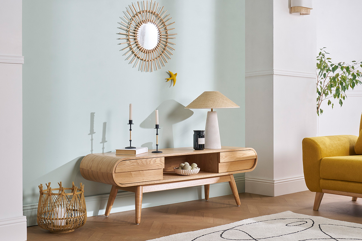 Meuble TV scandinave en bois clair 2 tiroirs L150 cm BALTIK