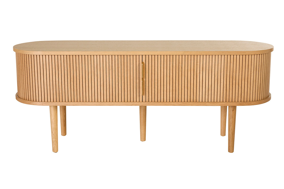 Meuble TV vintage en bois clair de ch�ne avec deux portes coulissantes, vue de face.