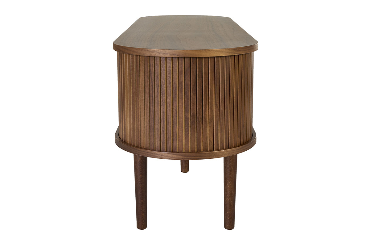Meuble TV vintage en bois fonc� noyer avec rangements, vue de profil, pieds en ch�ne massif.