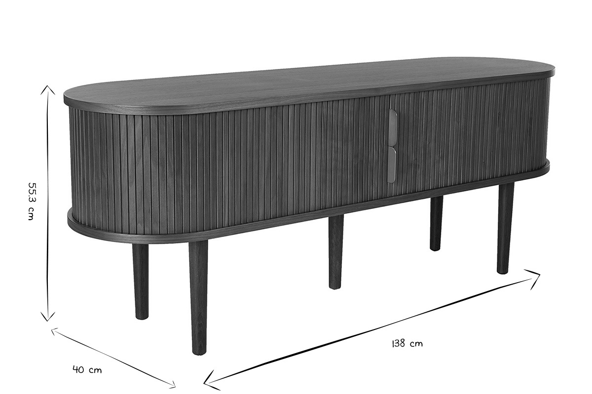 Meuble TV vintage bois fonc� noyer avec rangements, deux portes coulissantes, vue de 3/4, dimensions 138x40x55.3 cm.
