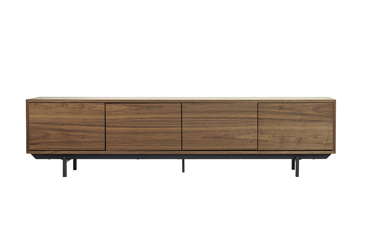 Meuble TV en bois fonc� noyer, m�tal noir, vue de face.