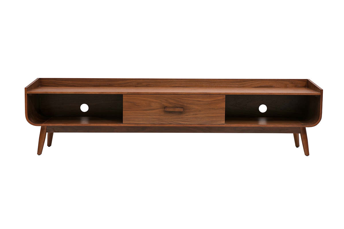 Meuble TV vintage en bois fonc�, 200 cm, avec tiroir central et niches ouvertes.