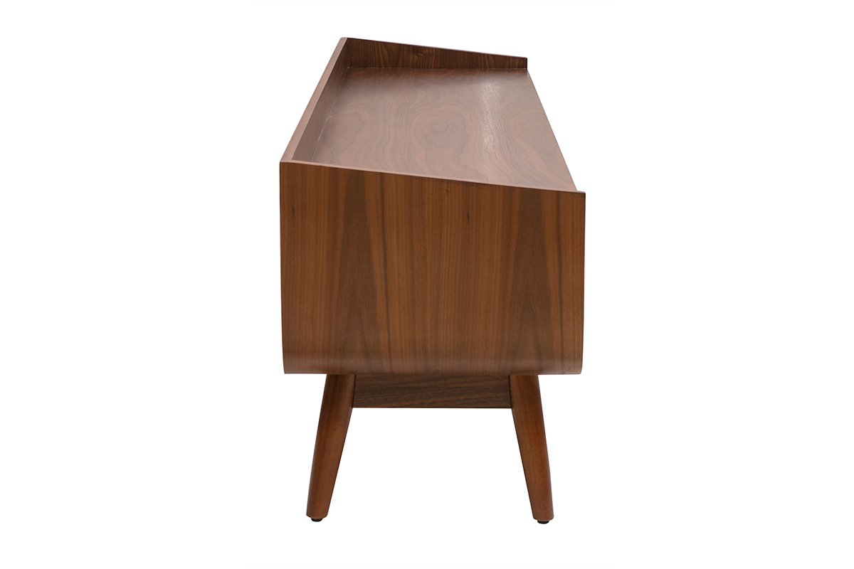 Meuble TV vintage en bois fonc�, vue de c�t�, design �l�gant et pieds fusel�s.