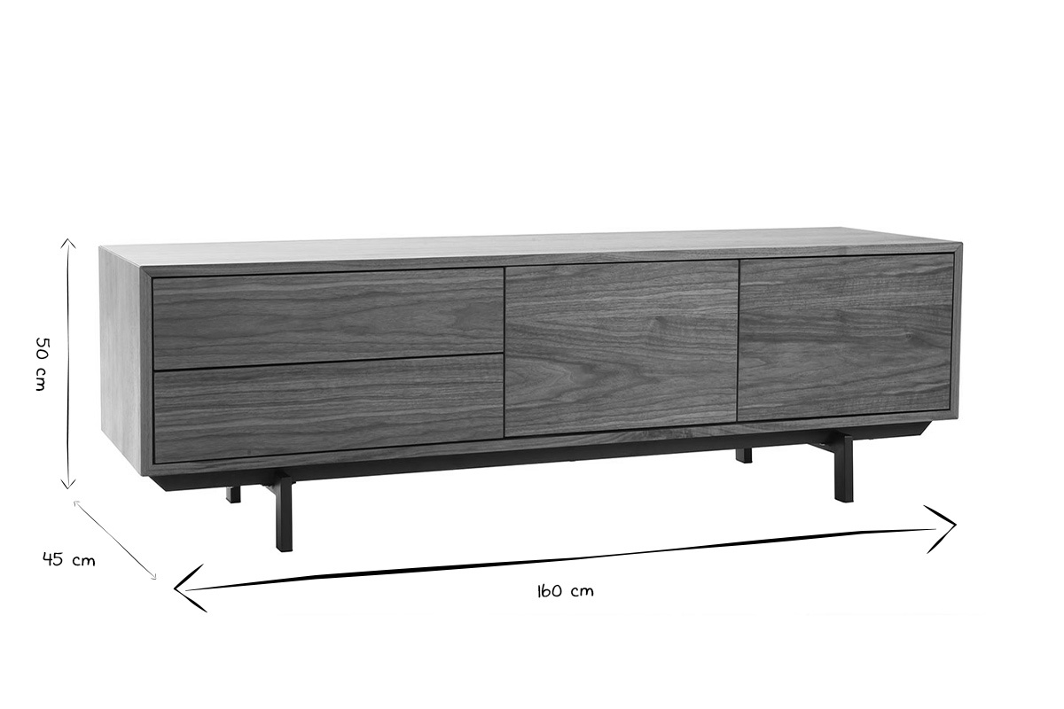 Meuble TV vintage en bois fonc�, dimensions L160 x P45 x H50 cm, en noir et blanc.
