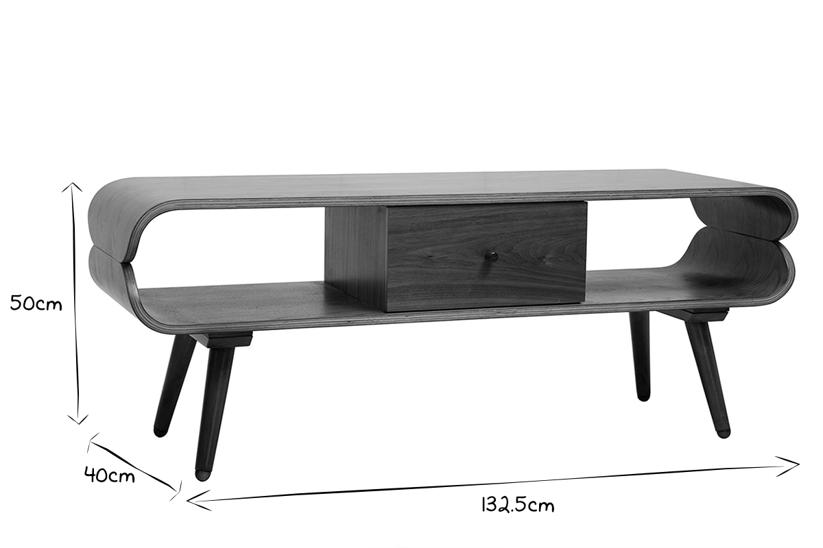 Meuble TV vintage en bois fonc�, dimensions 132,5x40x50 cm, noir et blanc.