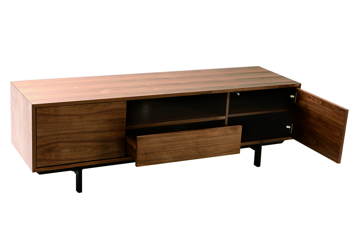 Meuble TV vintage en bois fonc� avec portes ouvertes, vue de c�t� gauche.