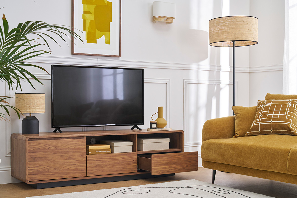 Meuble TV vintage en bois fonc� noyer et m�tal noir L160 cm JAKO