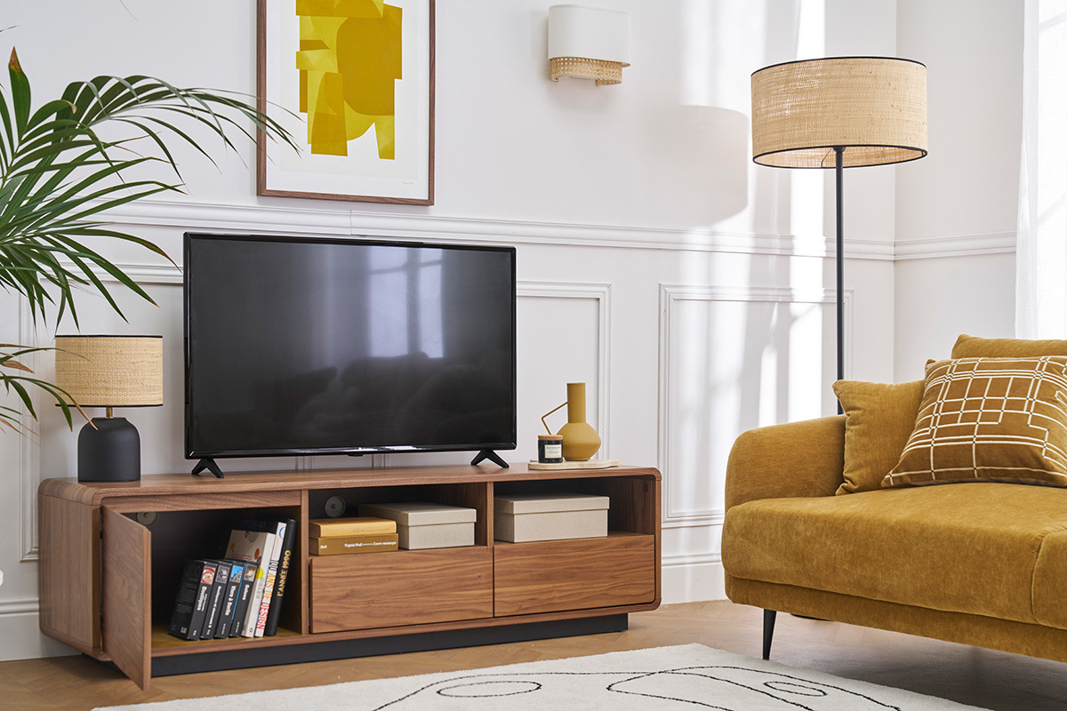 Meuble TV vintage en bois fonc� noyer et m�tal noir L160 cm JAKO
