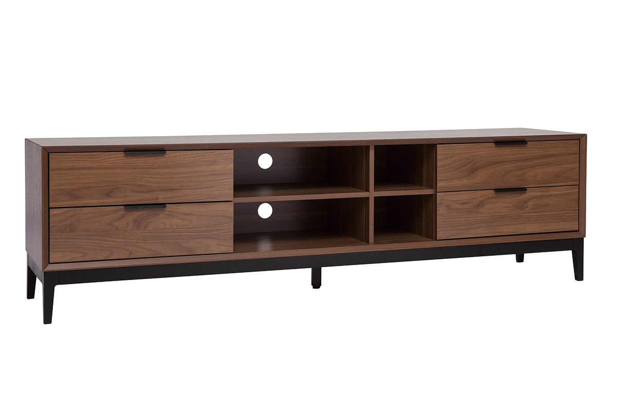 Meuble TV vintage finition bois fonc� noyer et m�tal noir avec rangements L180 cm SARTO