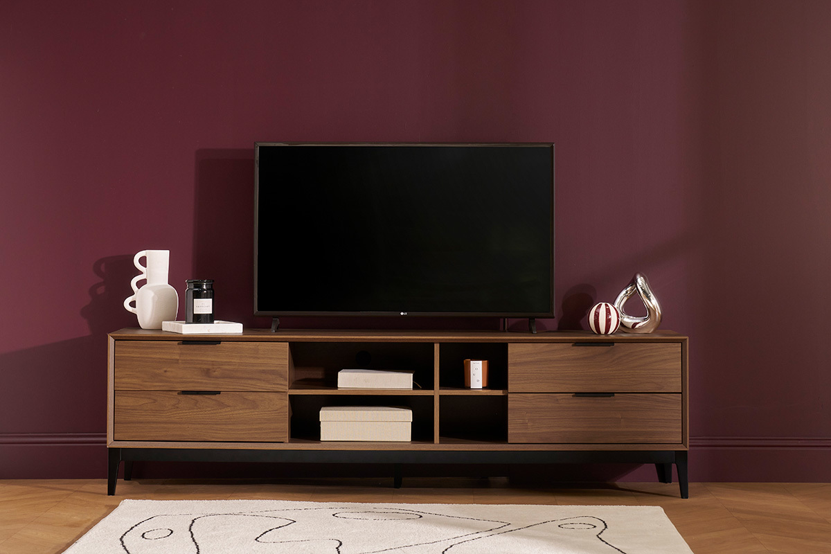 Meuble TV vintage finition bois fonc� noyer et m�tal noir avec rangements L180 cm SARTO