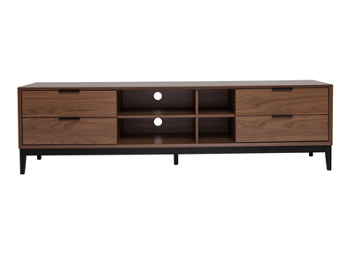 Meuble TV vintage finition bois fonc&eacute; noyer et m&eacute;tal noir avec rangements L180 cm SARTO
