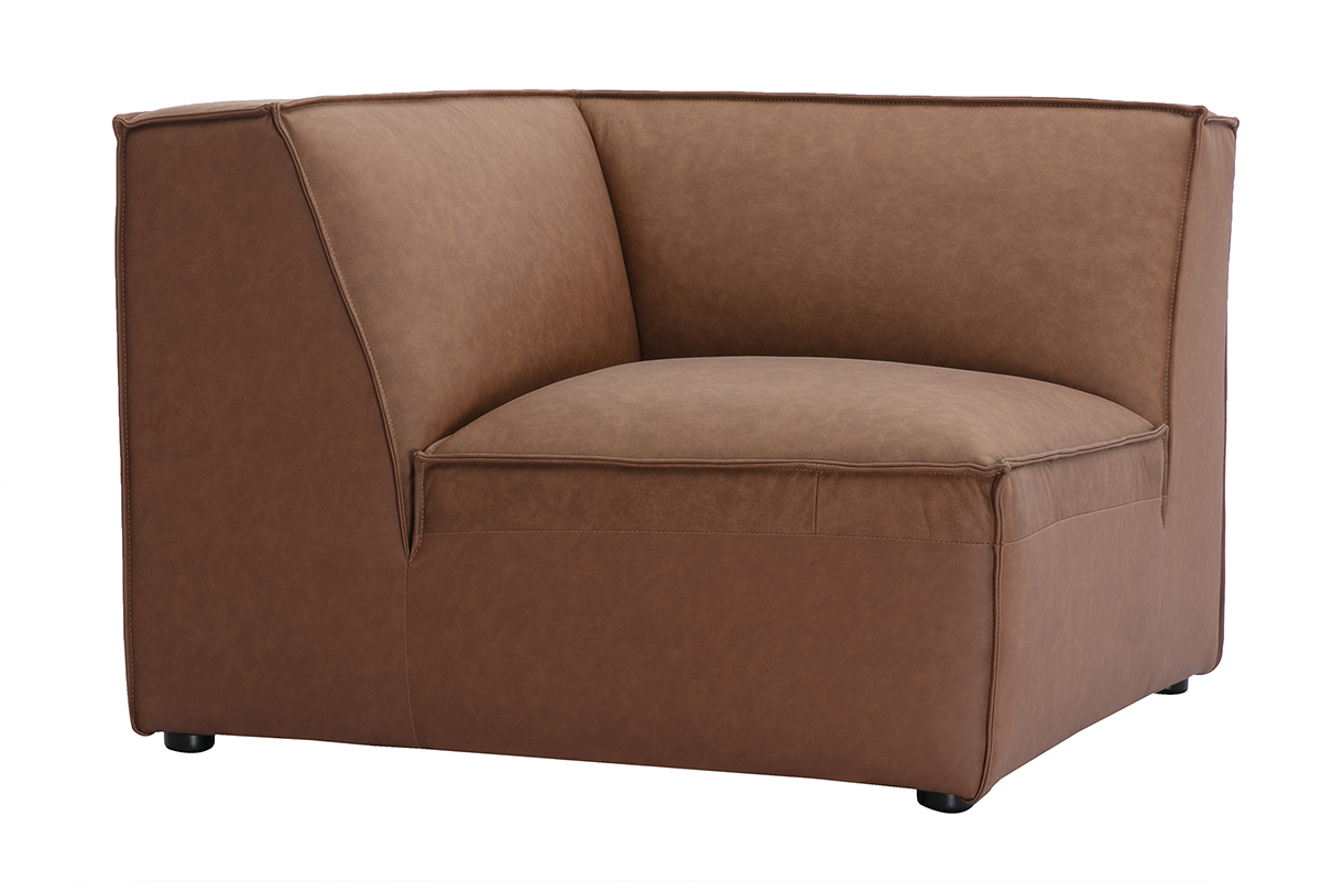 Module d'angle central pour canap� en cuir marron SPLIT, vue de 3/4.