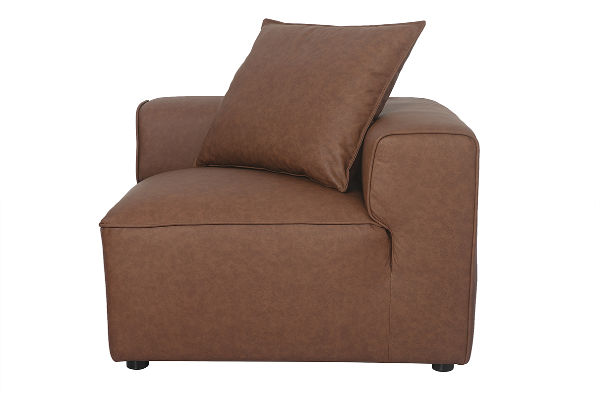 Module d'angle droit pour canap� en cuir marron FERGUS, vue de profil avec coussin
