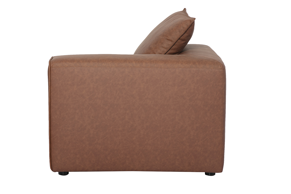 Module d'angle droit en cuir marron FERGUS, vue de profil avec coussin.