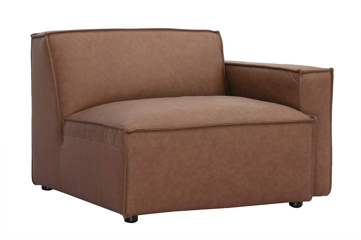 Module d'angle droit canap� cuir marron SPLIT avec pieds noirs, vue de 3/4.