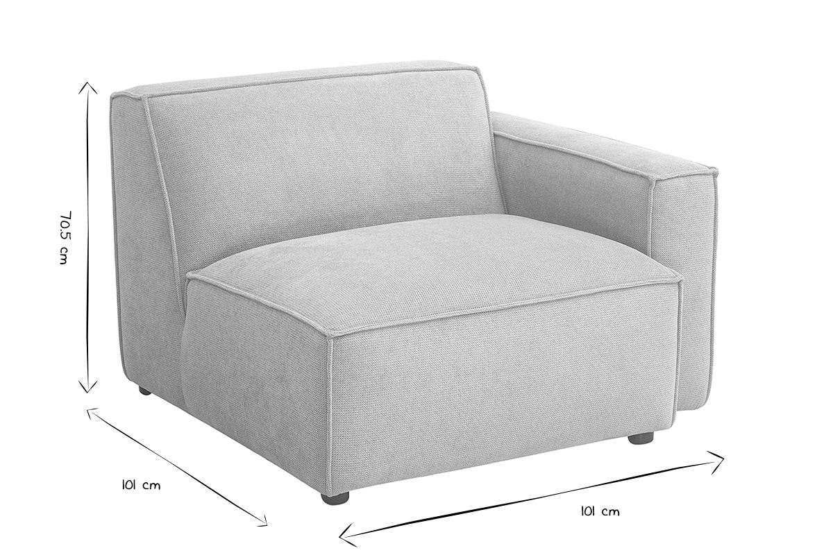 Module d'angle droit pour canap� en tissu chenille beige montrant les dimensions L101 x P101 x H70.5 cm en noir et blanc.