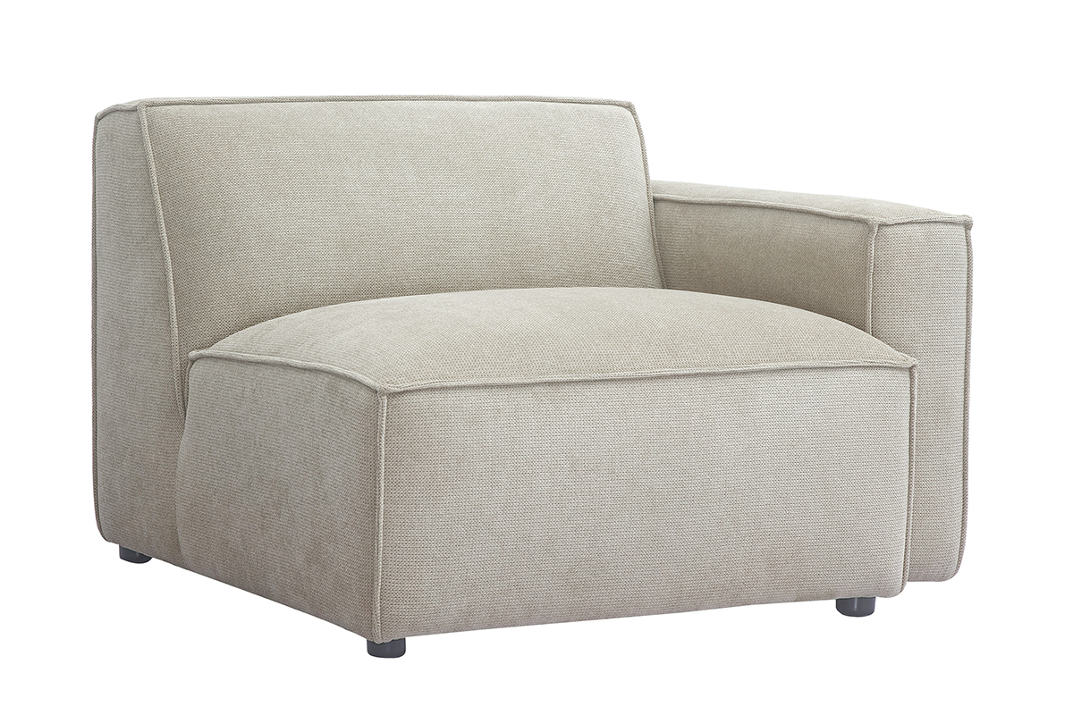 Module d'angle droit pour canap� en tissu beige, vue de 3/4.