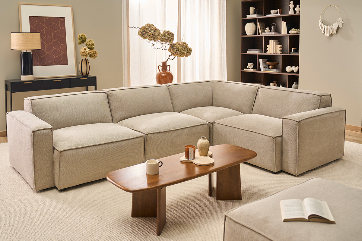 Module d'angle droit pour canap� en tissu chenille beige SPLIT