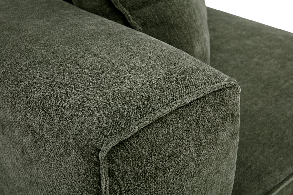 Module d'angle droit KERRY en tissu effet velours vert kaki, vue rapproch�e du rev�tement
