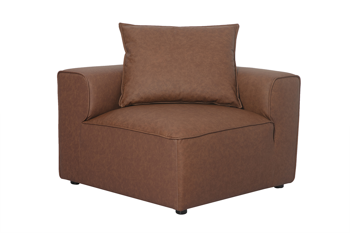 Module d'angle gauche en cuir marron FERGUS avec coussin, vue de face