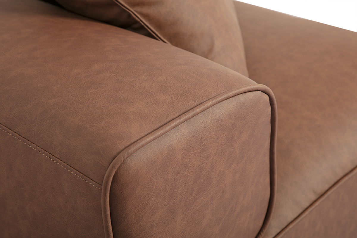 Module d'angle gauche en cuir marron FERGUS, vue rapproch�e sur le rev�tement et les coutures