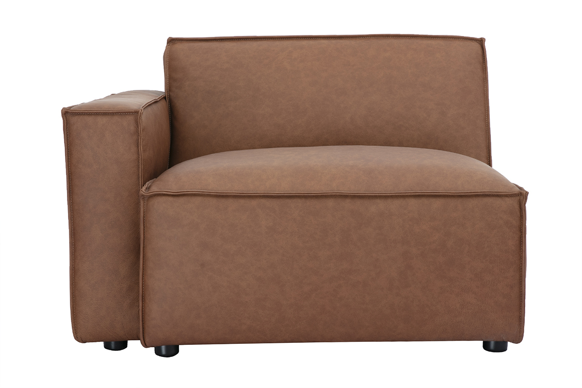 Module d'angle gauche en cuir marron pour canap� SPLIT, style vintage, pieds noirs discrets.