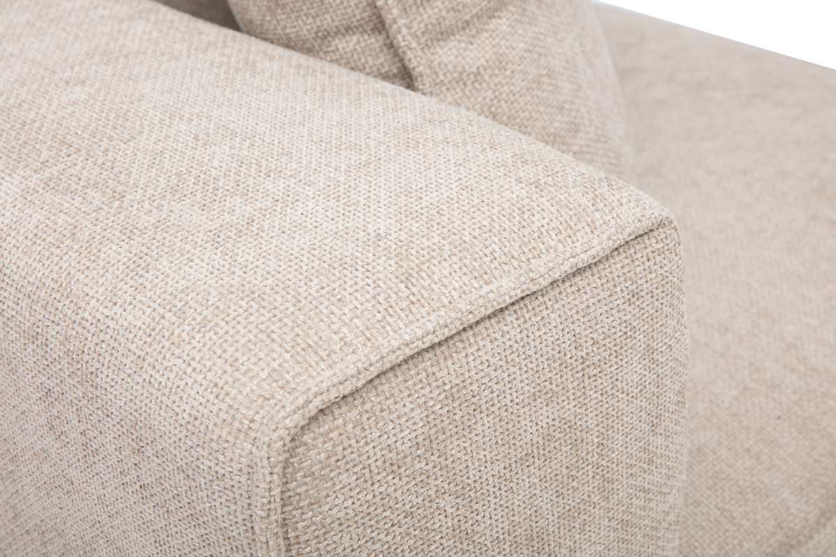 Module d'angle gauche en tissu effet velours textur� beige, vue de pr�s du coin et de l'assise.