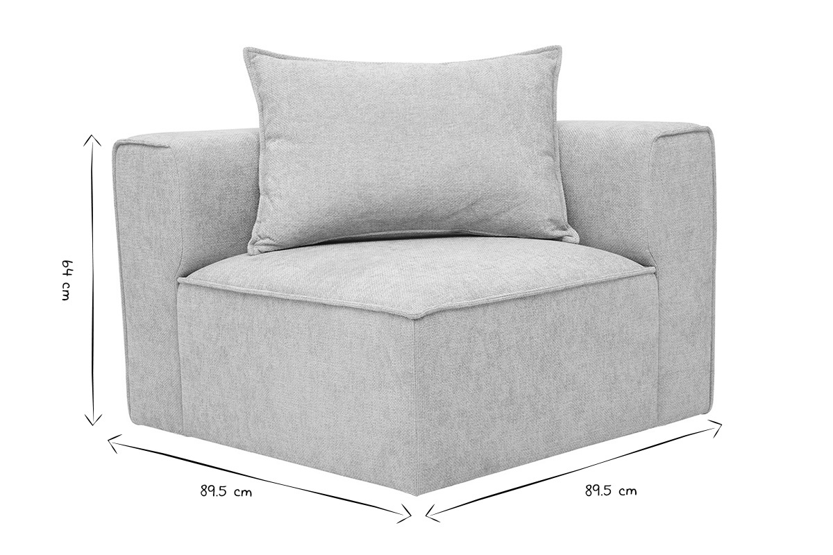 Module d'angle gauche KERRY en tissu beige avec dimensions : L89.5 x P89.5 x H64 cm, en noir et blanc.