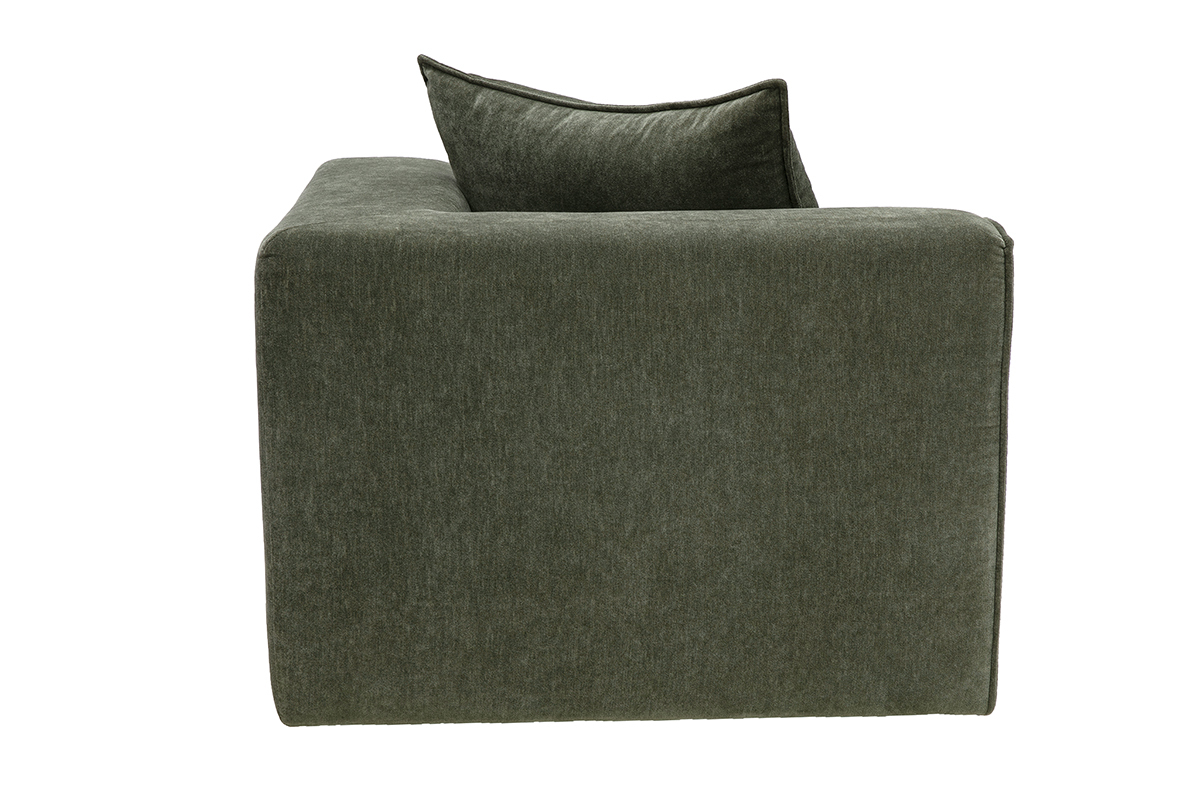 Module d'angle gauche KERRY en tissu effet velours vert kaki, vue de profil avec coussin de dossier.