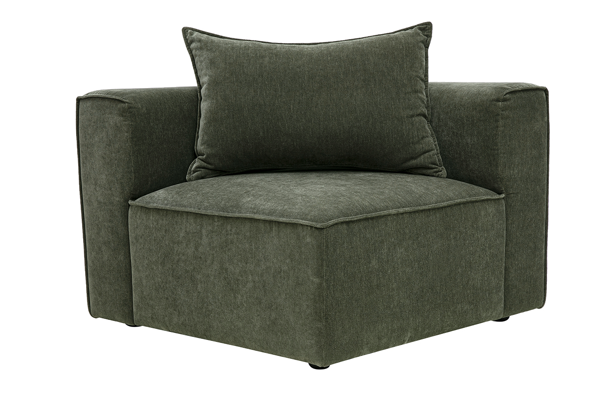 Module d'angle gauche KERRY en tissu velours vert kaki, vue de face.