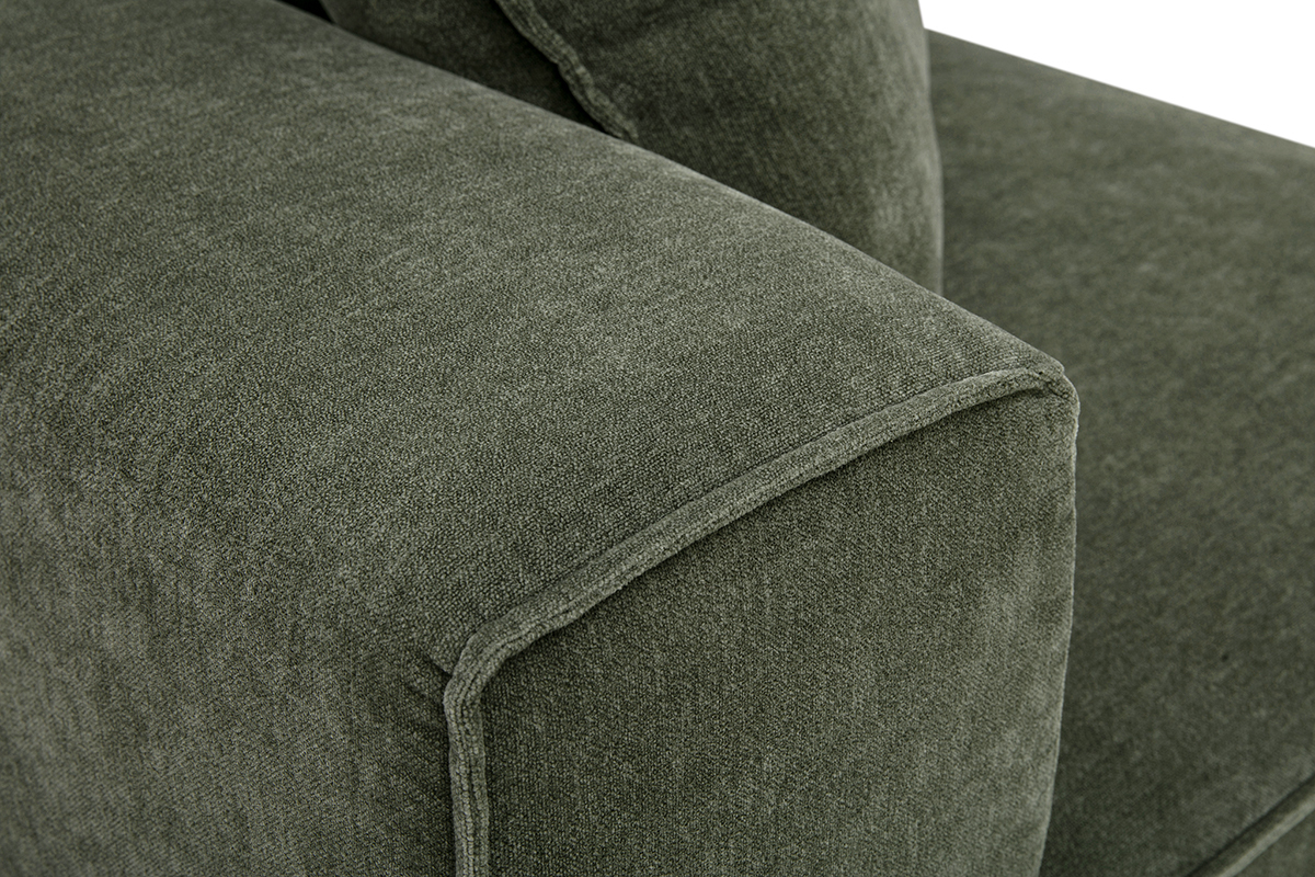 Module d'angle gauche KERRY en tissu effet velours vert kaki, vue rapproch�e de l'assise et dossier