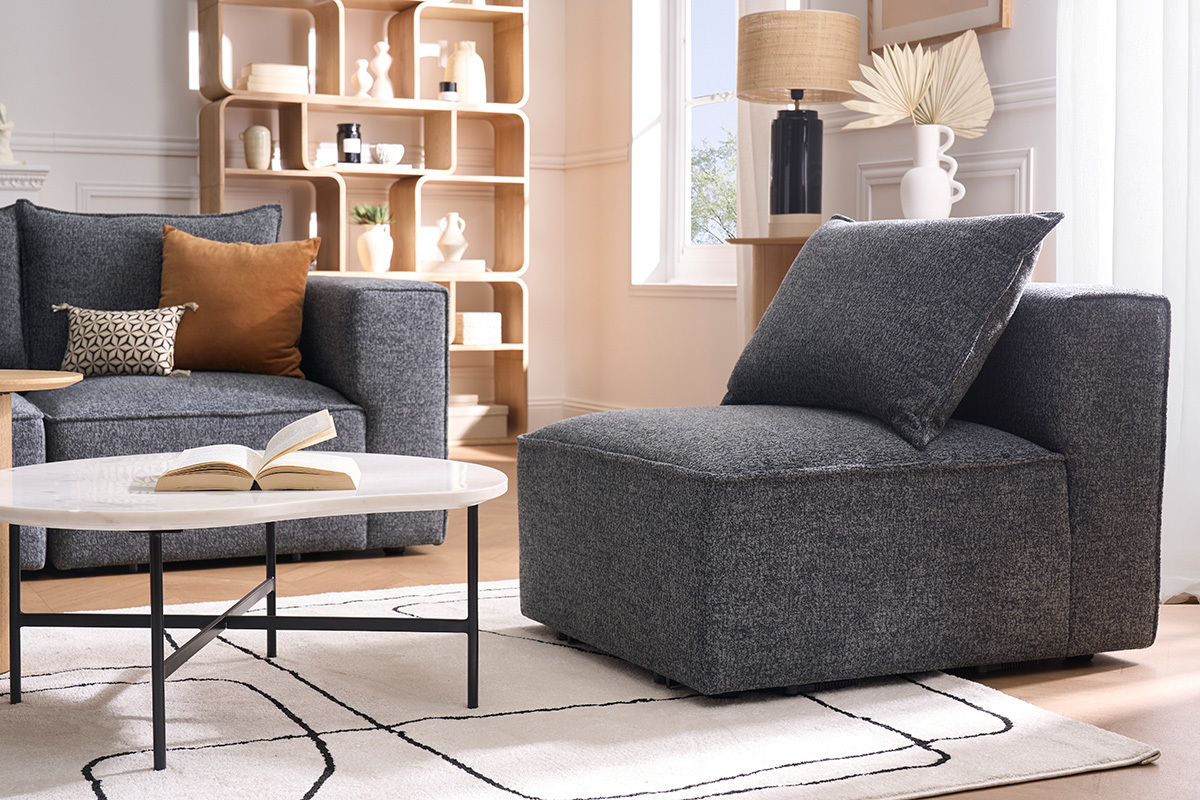 Module droit KERRY en tissu gris, vue de profil avec d'autres meubles.