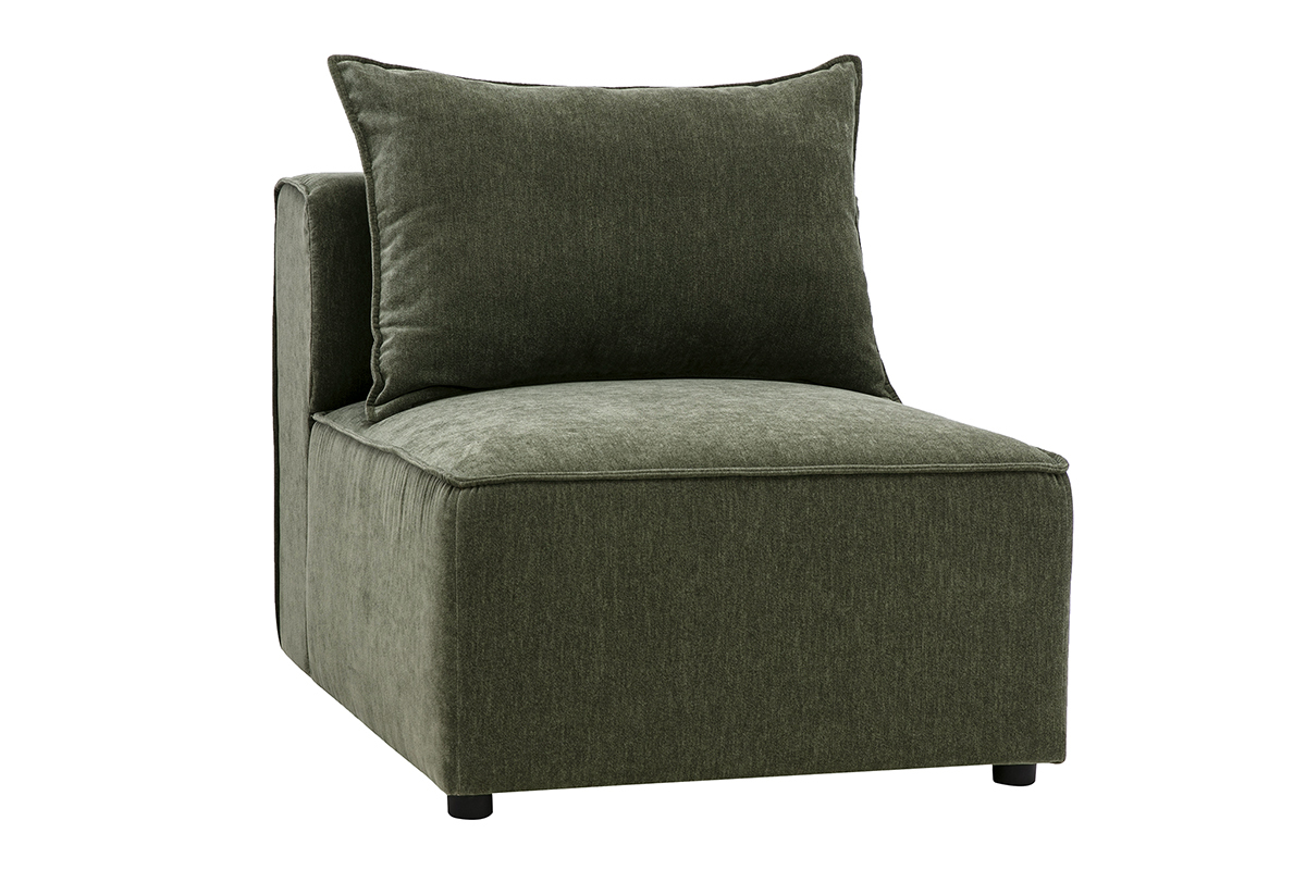 Module droit KERRY en tissu velours vert kaki, vue de 3/4 avec coussin