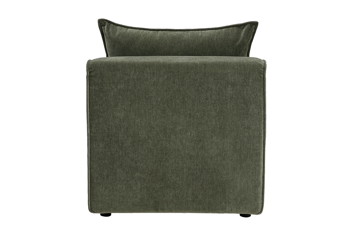 Module droit KERRY en tissu effet velours vert kaki, vue de dos, avec coussin d�coratif.