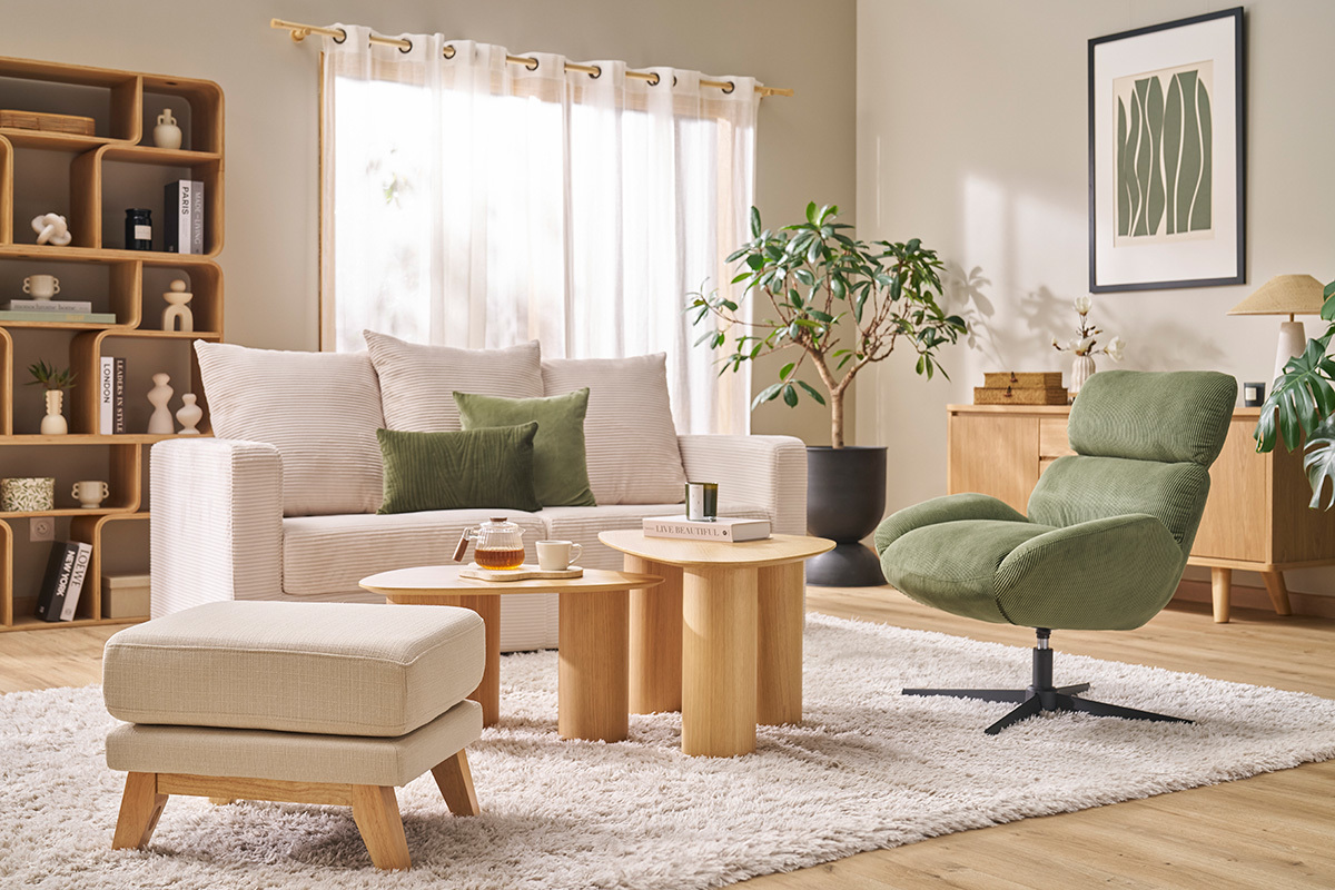 Pouf repose-pieds d�houssable scandinave en tissu beige et bois clair OSLO