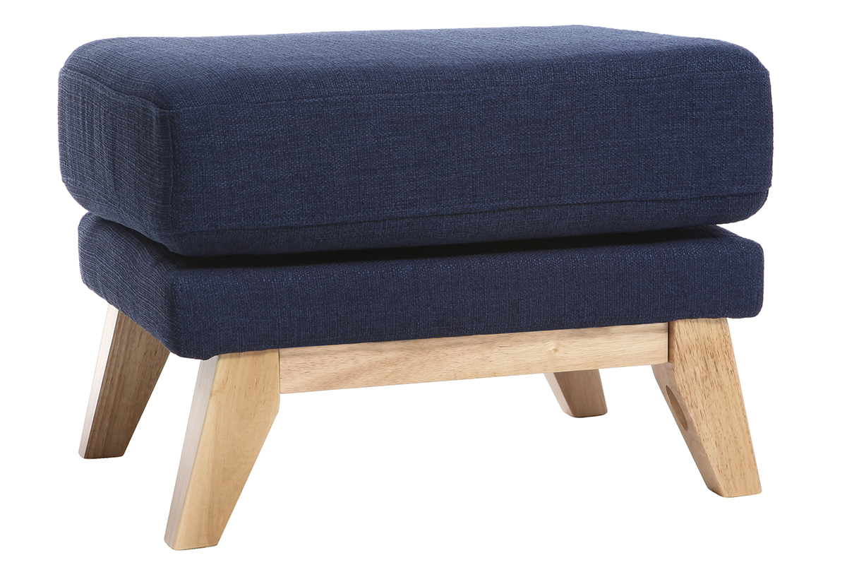 Pouf bleu fonc� avec pieds en bois clair, vue de c�t�.
