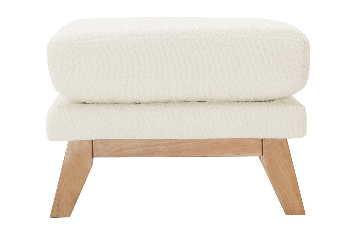 Pouf repose-pieds d�houssable scandinave en tissu effet laine boucl�e blanc cass� et bois clair OSLO