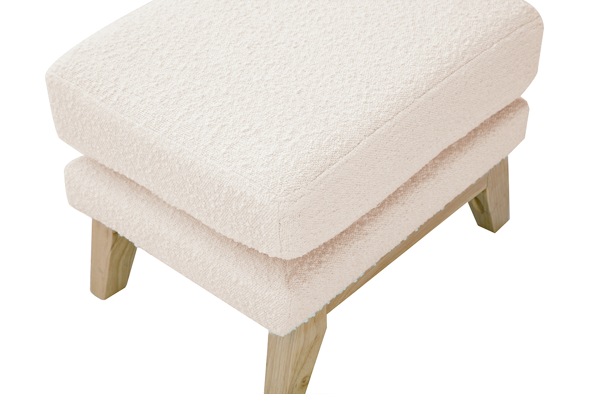 Pouf repose-pieds d�houssable scandinave en tissu effet laine boucl�e blanc cass� et bois clair OSLO
