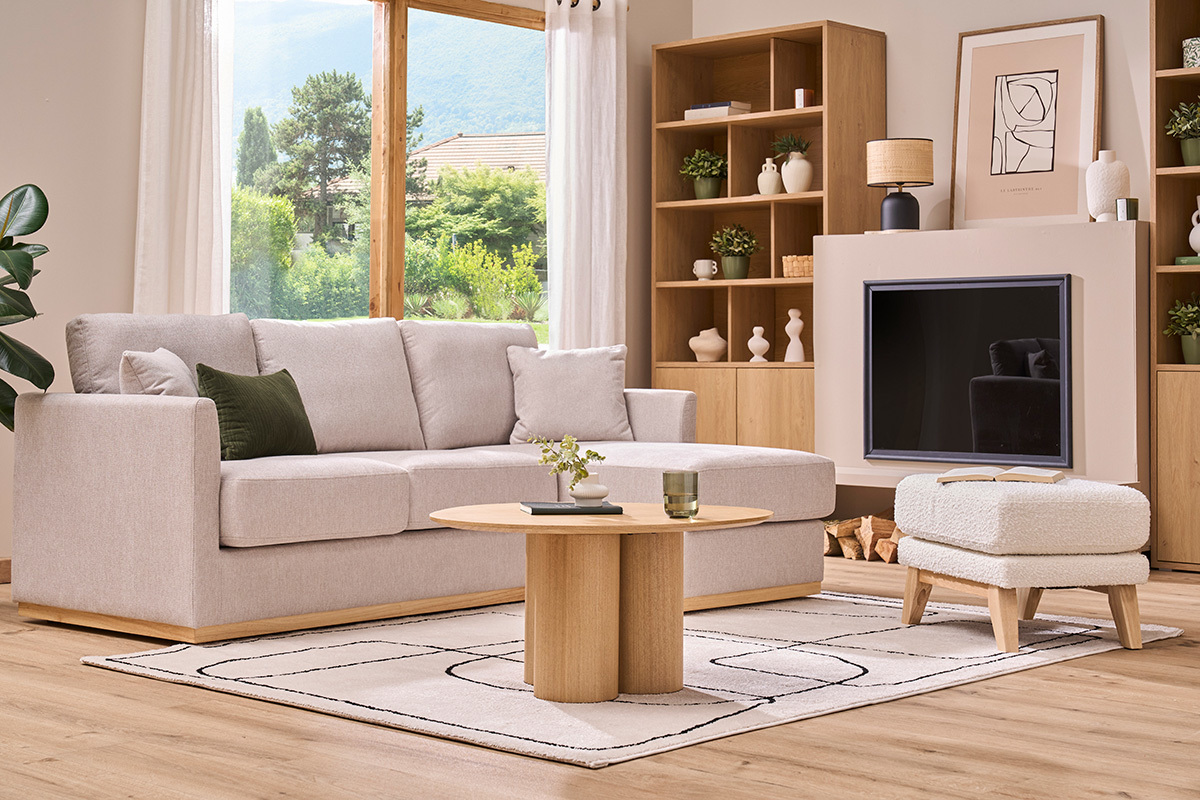 Pouf repose-pieds d�houssable scandinave en tissu effet laine boucl�e blanc cass� et bois clair OSLO