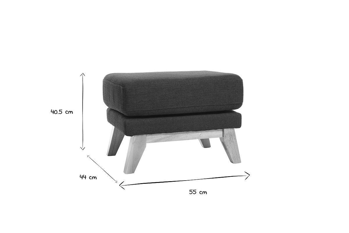 Pouf repose-pieds scandinave, dimensions L55 x P44 x H40,5 cm, image en noir et blanc.