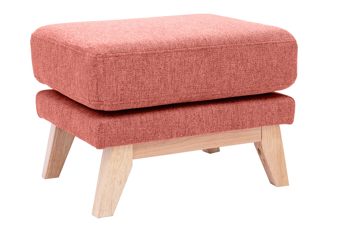 Pouf repose-pieds d�houssable scandinave en tissu effet velours textur� terracotta et bois clair OSLO