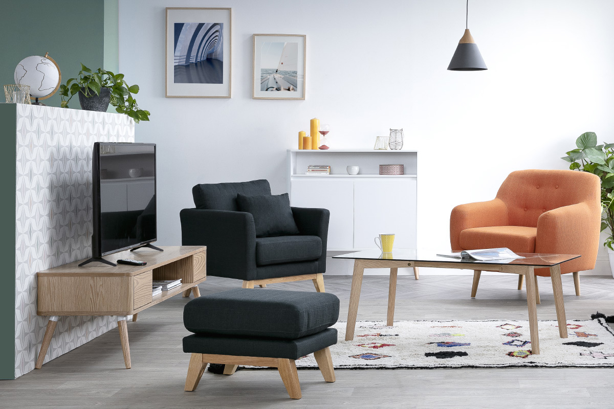 Pouf repose-pieds d�houssable scandinave en tissu gris fonc� et bois clair OSLO