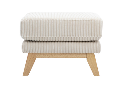 Pouf repose-pieds d&eacute;houssable scandinave en tissu velours c&ocirc;tel&eacute; beige et bois clair OSLO